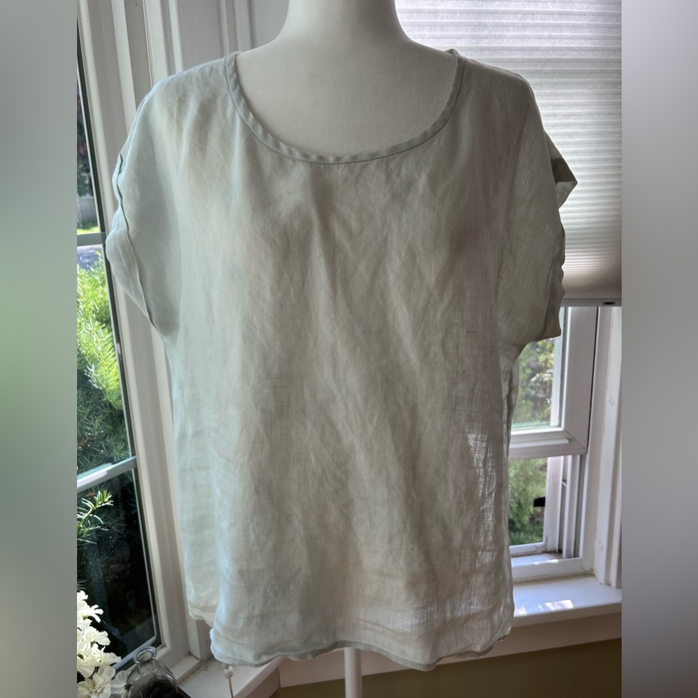 Willi Smith 100% linen pale blue cap sleeve top Lagenlook Cottagecore size large